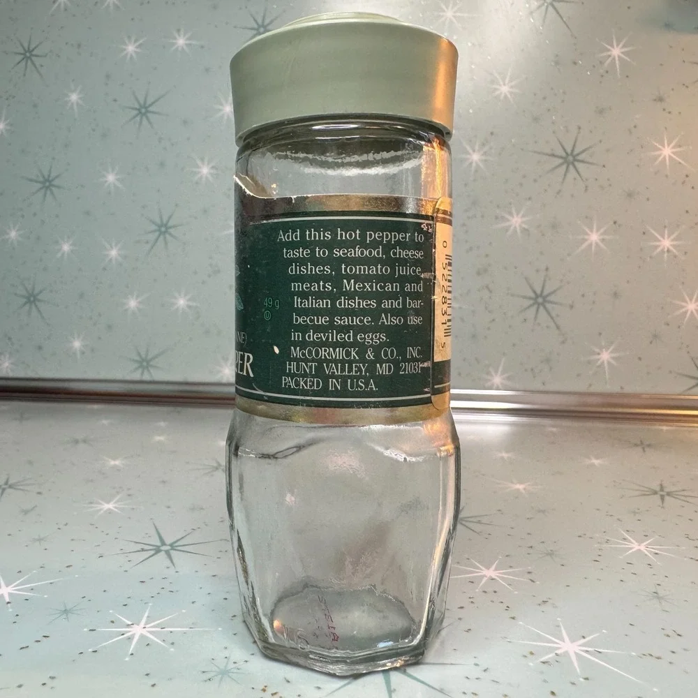 Vintage McCormick Cayenne Red Pepper Jar Green Lid and Label Glass Spice Bottle